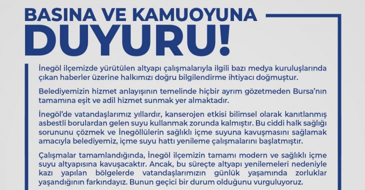 İnegöl’de yürütülen altyapı çalışmalarıyla ilgili açıklama