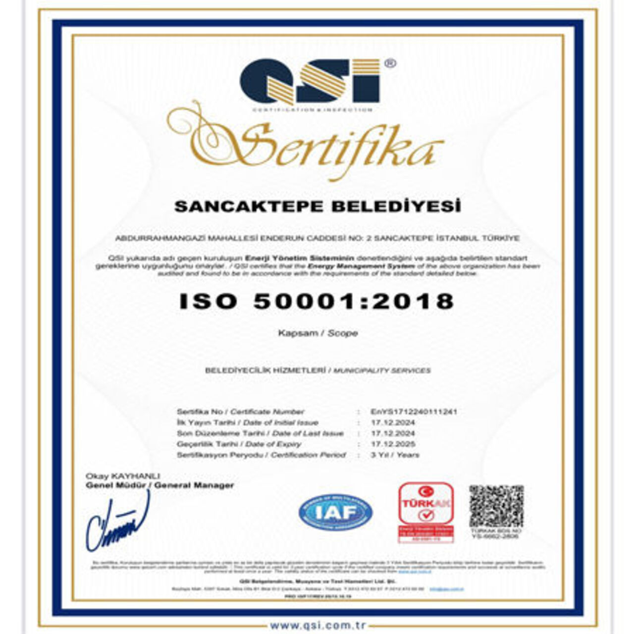 Sancaktepe’ye Enerji 50001 Yönetim Sistemi Sertifikası