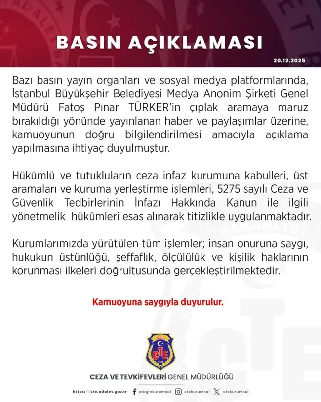 Ceza ve Tevkifevleri Genel Müdürlüğü’nden “çıplak arama” iddialarına yalanlama!