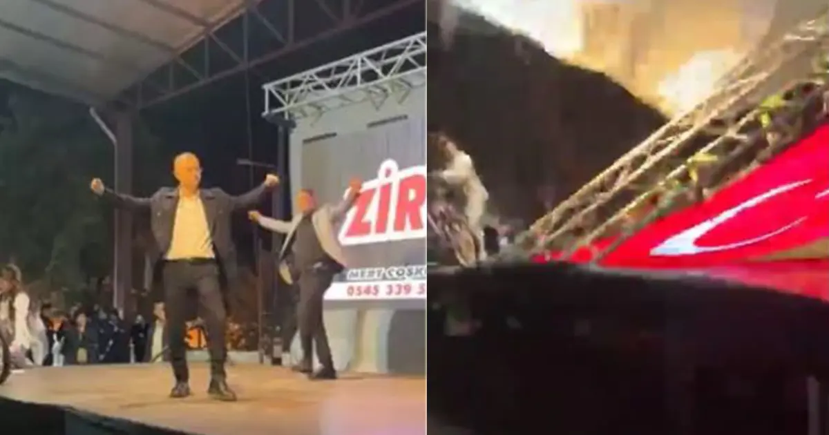 Zeybek oynayan başkan ve sunucu saniyelerle kurtuldu